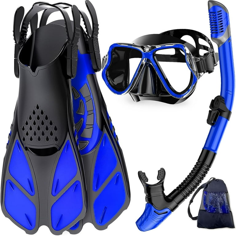 Zenoplige Mask Fins Snorkel Set with Adult Junior Scuba Snorkeling Gear,  Panoramic View Diving Mask Deep Blue 
