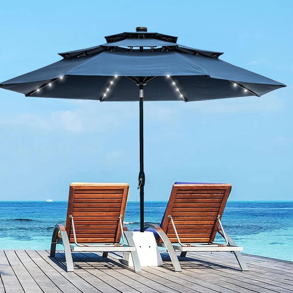 Zenova 10ft 3 Tier Outdoor Patio Umbrella with LED Lights Navy Blue
