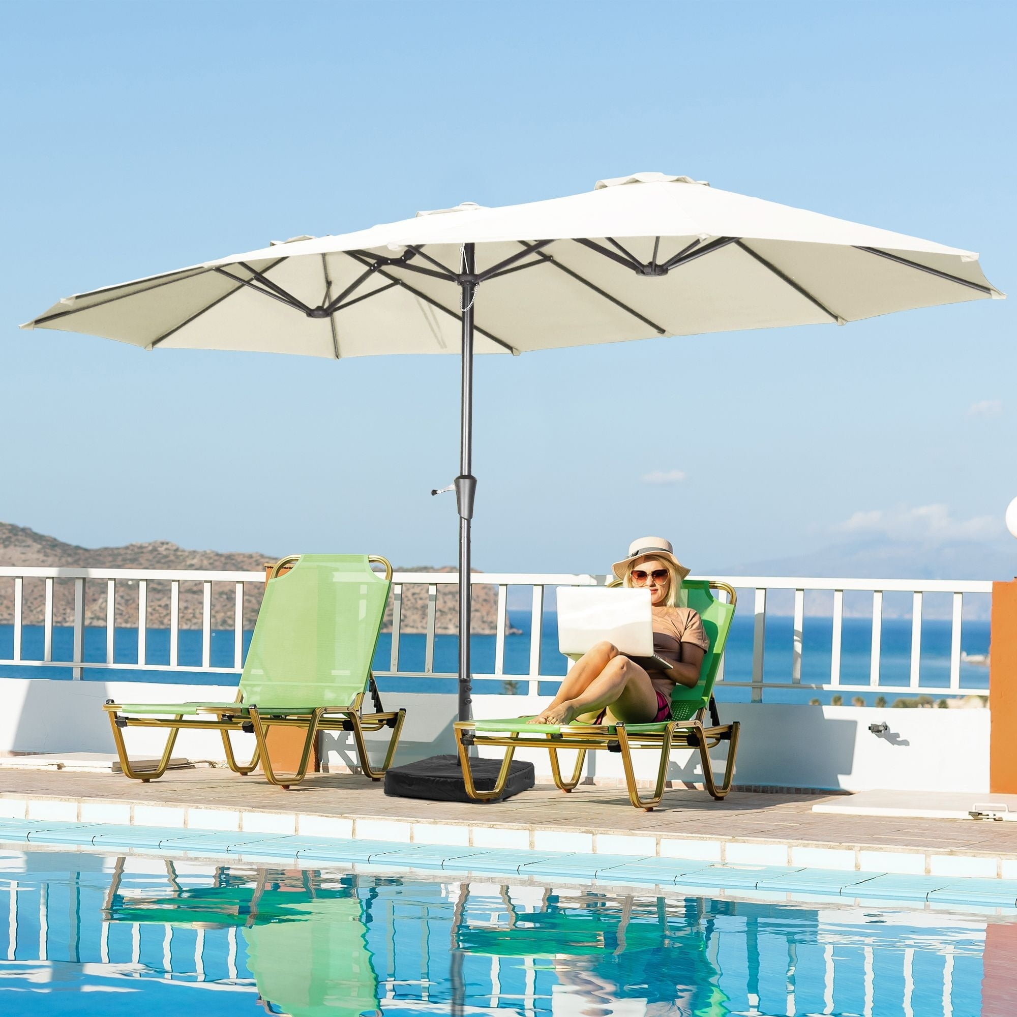 Extra-Large White and Green Outdoor Patio Umbrella with Base