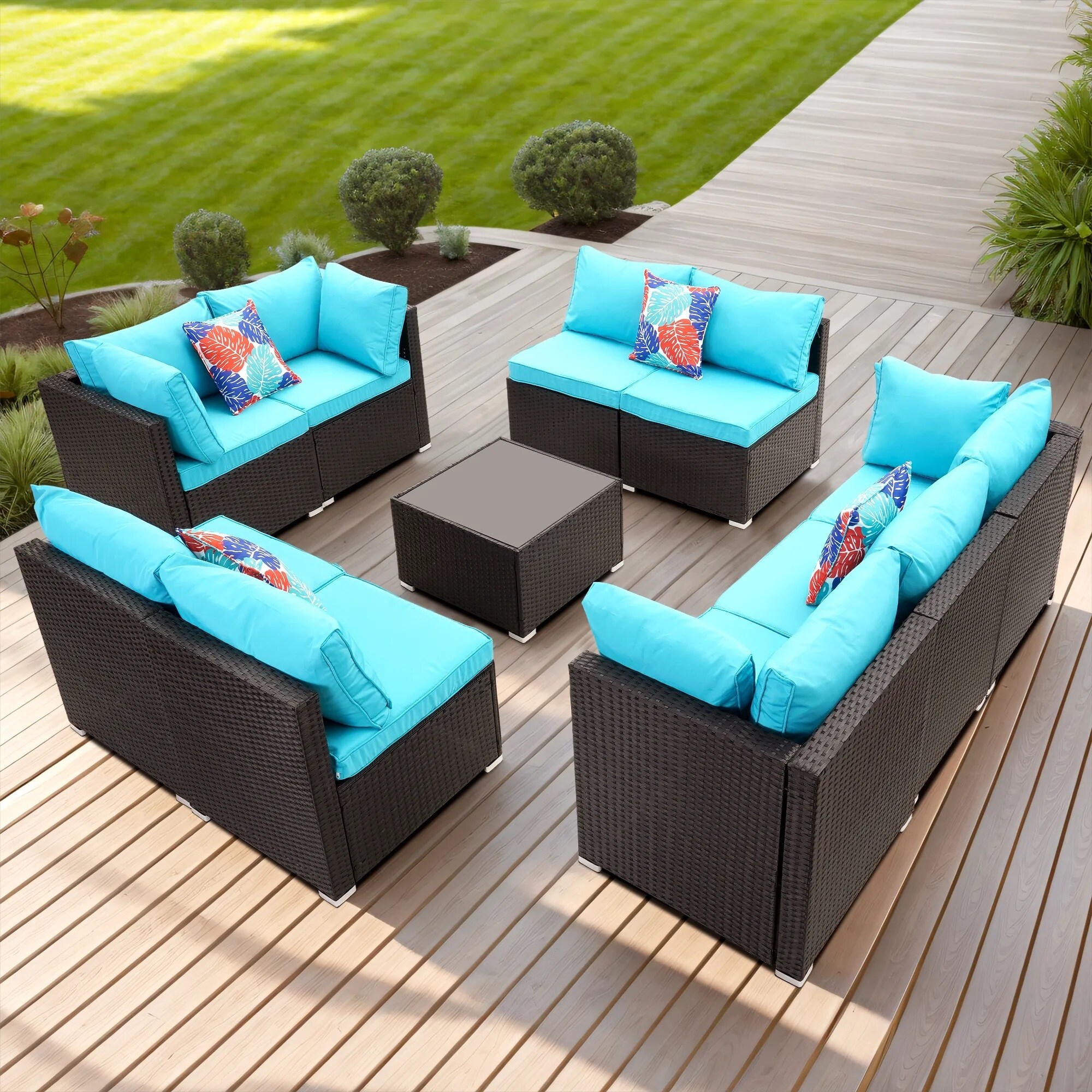 Zenova 3/4/7/10/11 piece Outdoor Patio Rattan Sofa Sectional Set Blue 10piece
