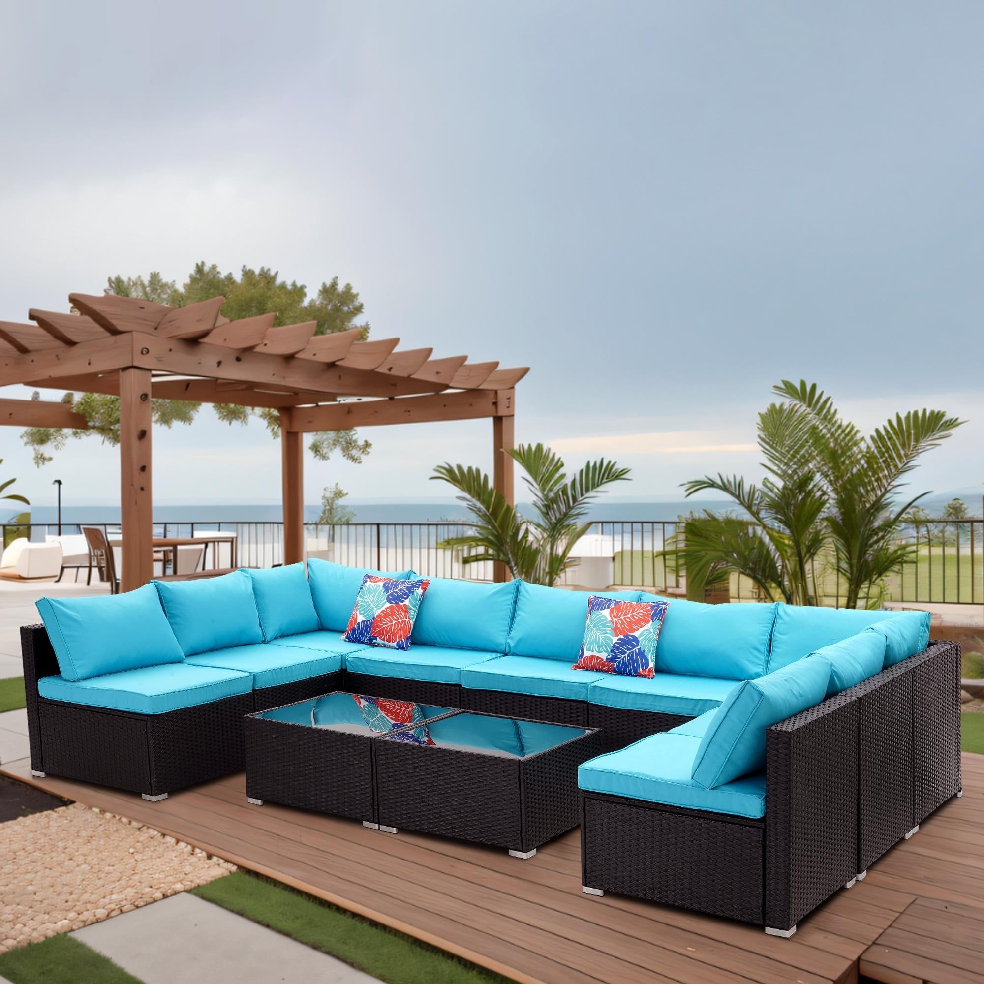 Zenova 3/4/7/10/11 piece Outdoor Patio Rattan Sofa Sectional Set Sunsetter Verde 11piece