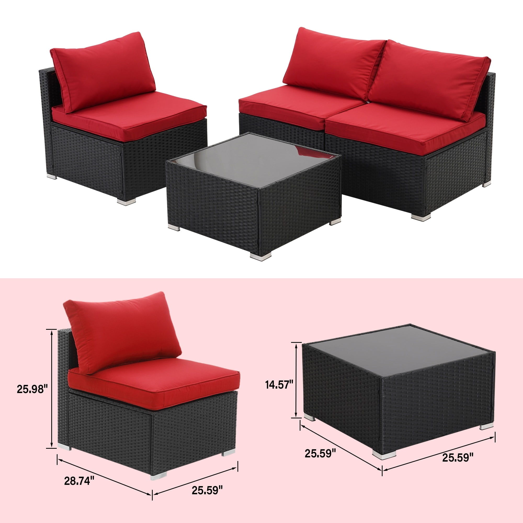 Zenova 4Piece Rattan Sofa Sectional Set, Patio Furniture Set Red