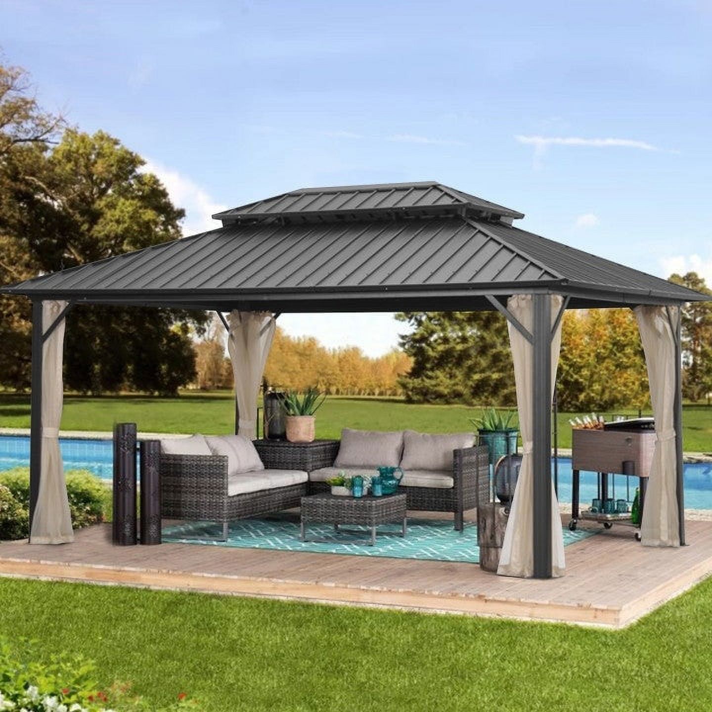 Zenova Outdoor Hardtop Gazebo Steel Patio Gazebo With Curtains Black 10*12