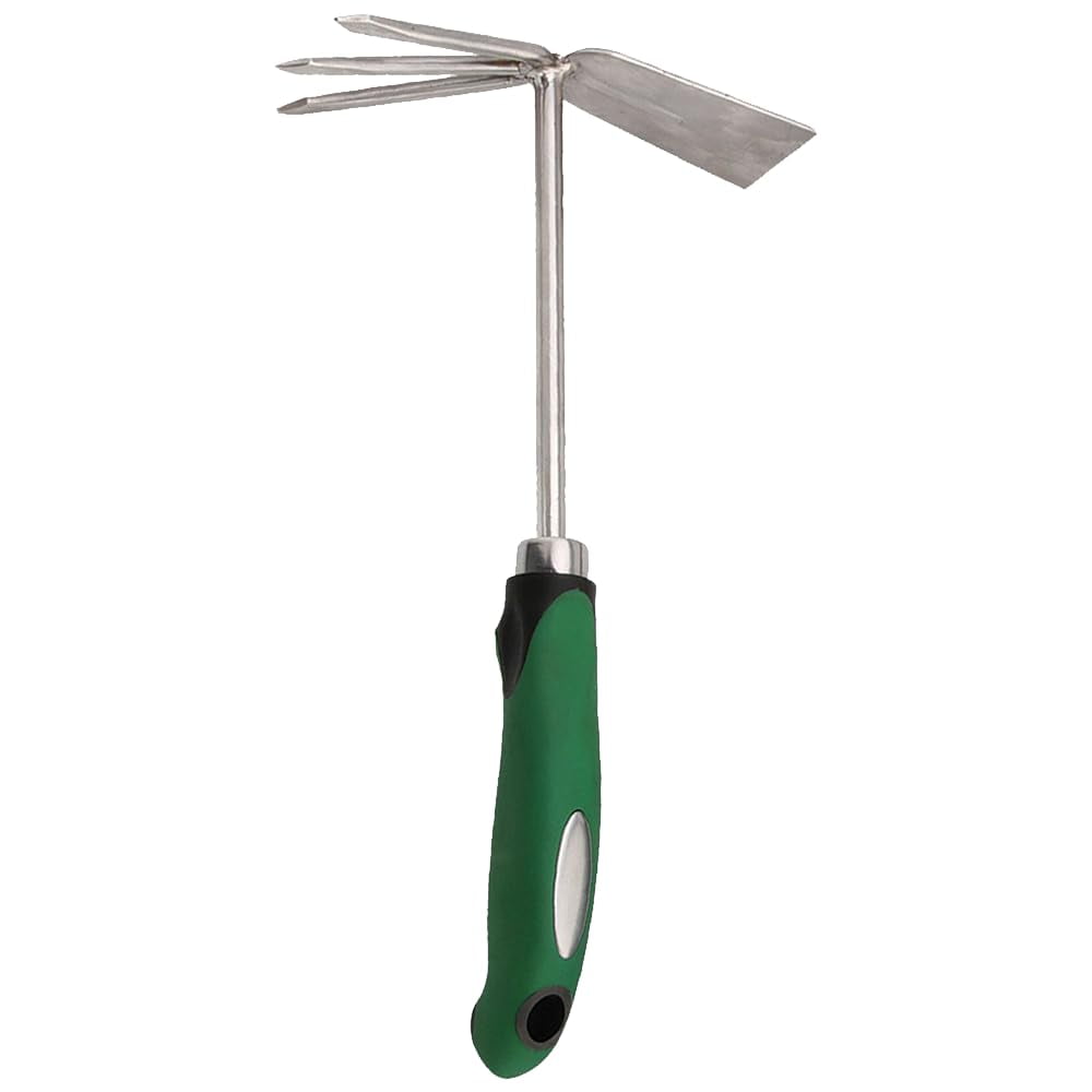 Green and Black Stainless Steel Shrub Rake Hoe Fork Combo, 12-Inch
