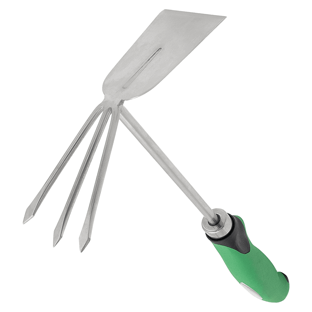 Green and Black Stainless Steel Shrub Rake Hoe Fork Combo, 12-Inch