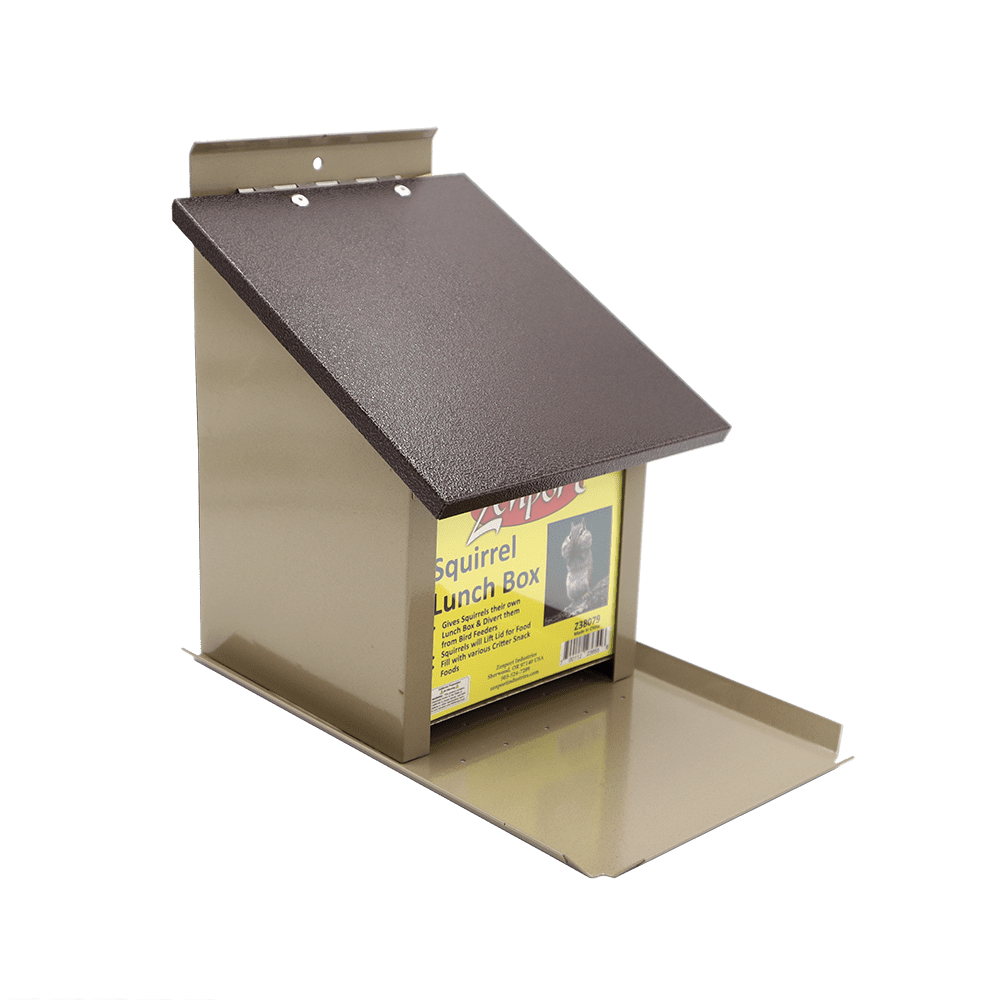 Beige and Brown Metal Squirrel Lunch Box Hopper Feeder