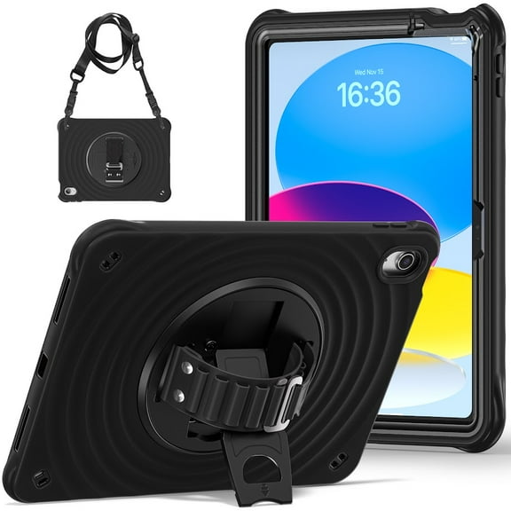 Zenrich Ripple Case for iPad 11th Generation A16 2025/iPad 10th Generation 2022, 360° Rotating Kickstand with Hand Strap, Shoulder Strap, Screen Protector, Rugged Shockproof Cover-Black