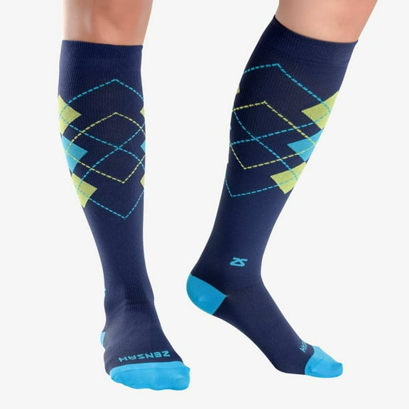 Zensah Fresh Legs Unisex Classic Argyle Comp Socks-NVY/TURQ-Sm