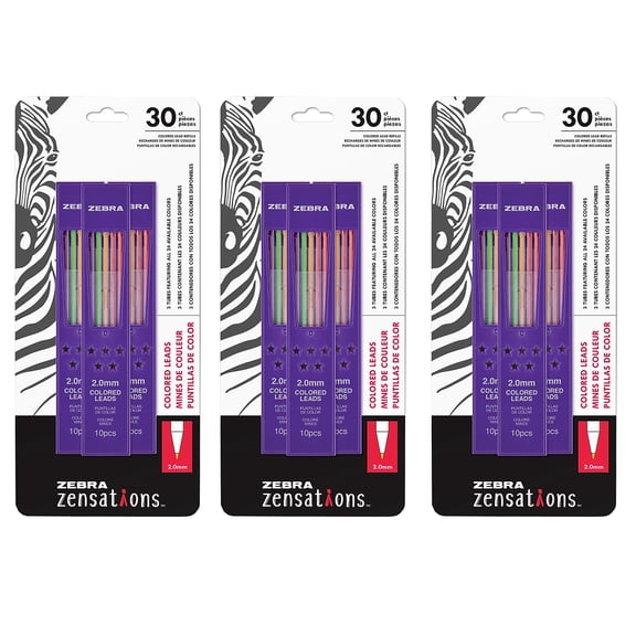 Zensations Mechanical Colored Pencil Lead Refill, 2.0mm Point Size, Assorted Colored Lead, 30 Per Pack, 3 Packs