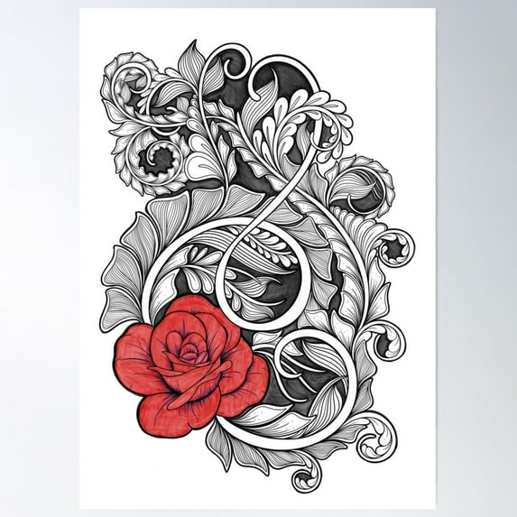Zentangle Floral Design With Red Rose | Intricate Hand-Drawn Artwork Poster Wall Art, Modern Wall Decor For Living Room Bedroom, 24x36 UNFRAMED