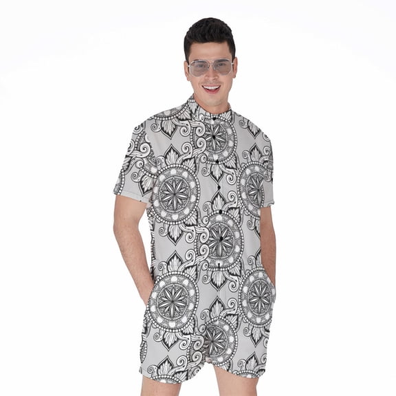 Zentangle Floral Pattern Short Sleeve Men'S Rompers Casual Summer Jumpsuits Outfit