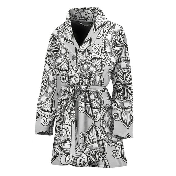 Zentangle Floral Pattern Women Bathrobe One Size Univeral Fits Fashion Lightweight Plush Fleece Long Robe For Women