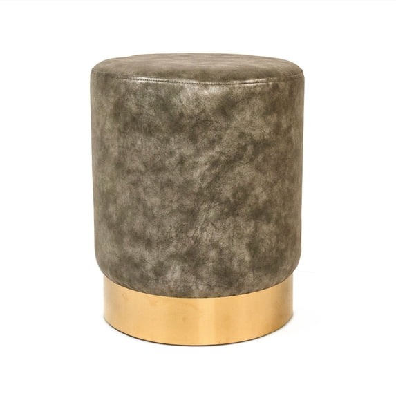 Zentique 17" Gray and Gold Distressed Finish Upholstered Cylindrical Vanity Stool