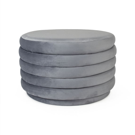 Zentique 20.5" Blue Upholstered Cylindrical Ottoman with Ribbed Sides