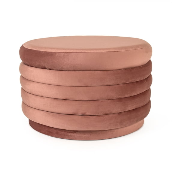 Zentique 20.5" Pink Upholstered Cylindrical Ottoman with Ribbed Sides