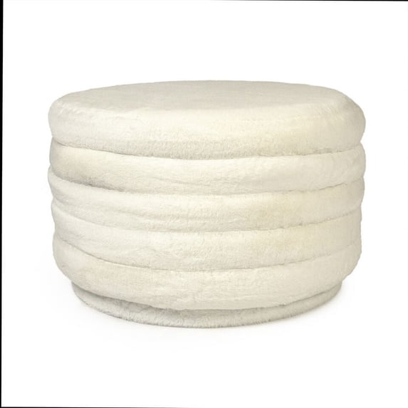 Zentique 20.5" White Upholstered Cylindrical Ottoman with Ribbed Sides