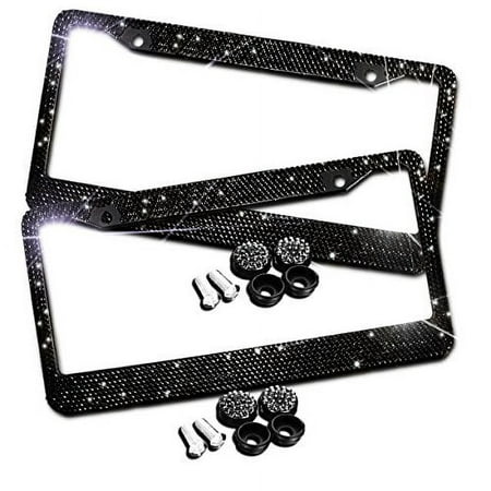 Zento Deals Sparkling Black Rhinestone Glitter Mixed Crystal Bling Stainless Steel License Plate Frame of All Weather-Proof Black Rhinestone License Plate Frame, 2 Pack