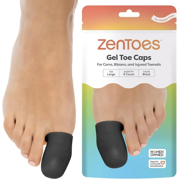 ZenToes 6 Pack Gel Toe Cap and Toe Gel Protector - Cushions and Protects Big Toes (Large, Black)