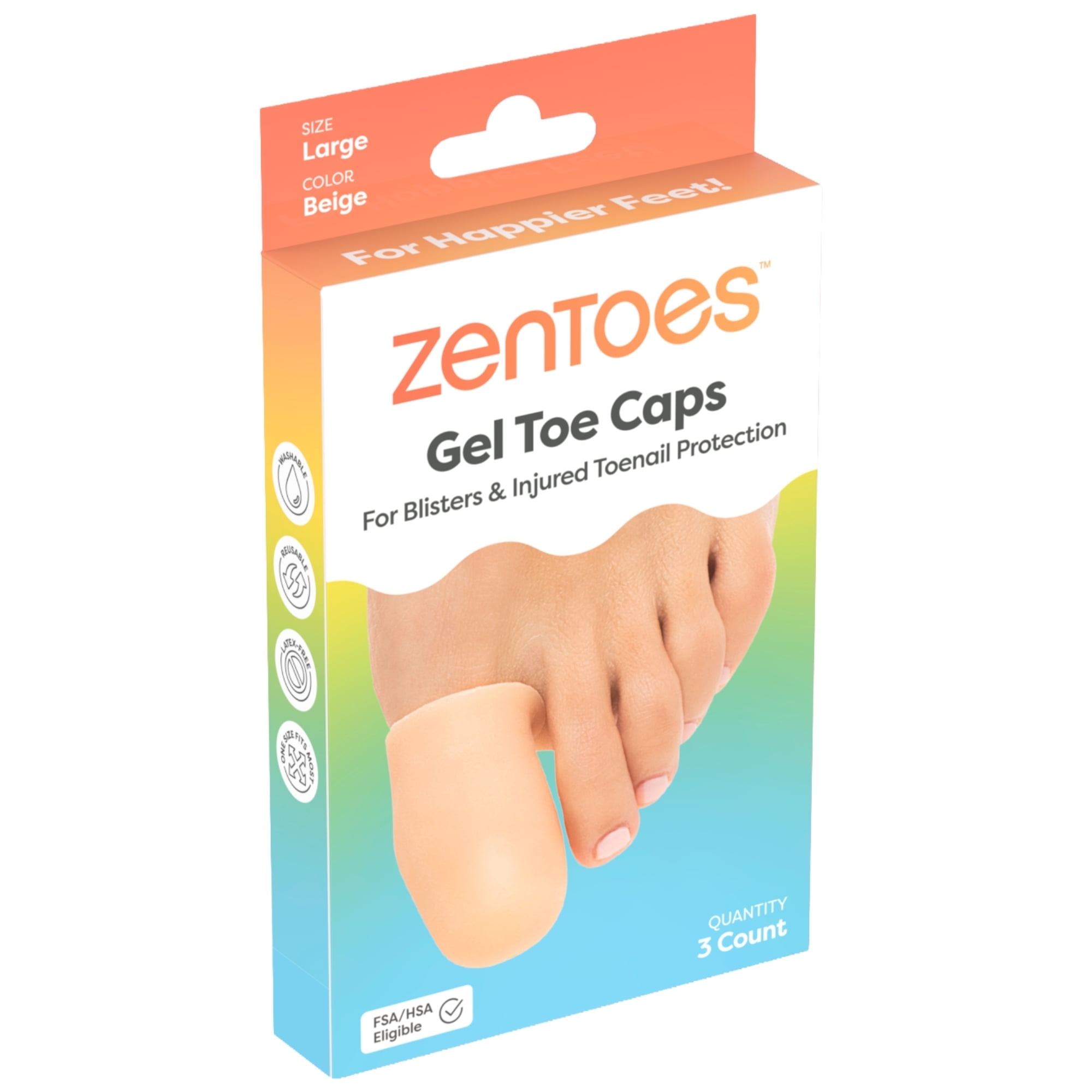 Zentoes Large Toe Caps, Beige, 3 Count - Protective Gel Caps for Toe Support