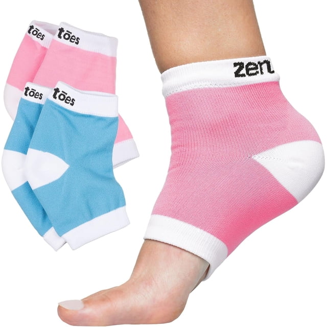 Zentoes Moisturizing Heel Socks 2 Pairs Gel Lined Toeless Spa Socks to Heal and Treat Dry, Cracked Heels While You Sleep (Cotton, Blue and Pink)