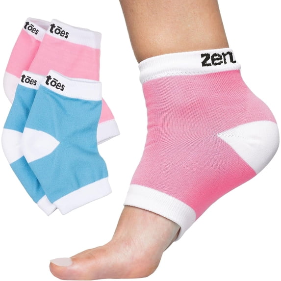 Zentoes Moisturizing Heel Socks 2 Pairs Gel Lined Toeless Spa Socks to Heal and Treat Dry, Cracked Heels While You Sleep (Cotton, Blue and Pink)