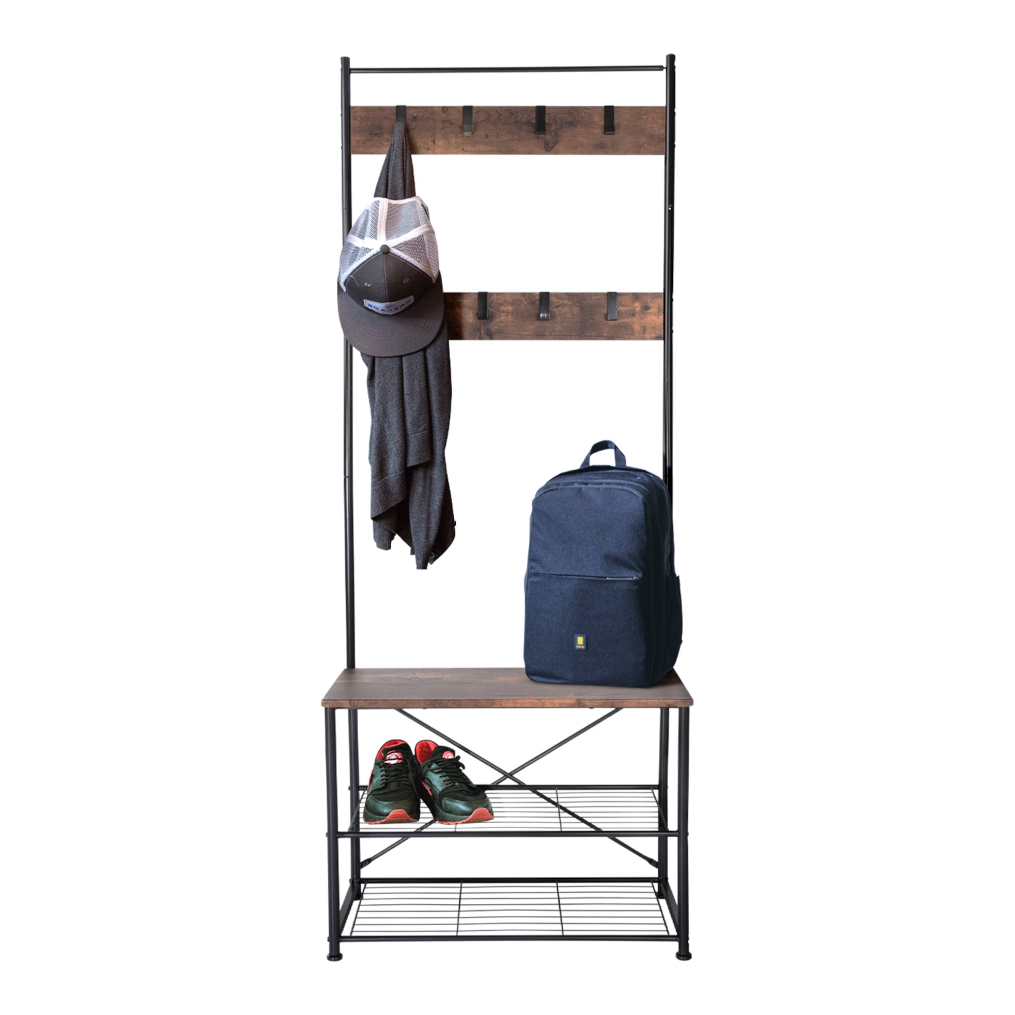 Zenvida Hall Tree Entryway Bench Shoe Storage Coat Rack Shelves Metal
