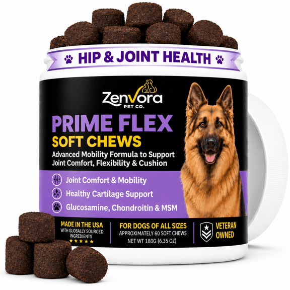 Zenvora Prime Flex Hip & Joint Soft Chews for Dogs, Glucosamine Chondroitin & MSM, Beef Flavor, 60 Ct