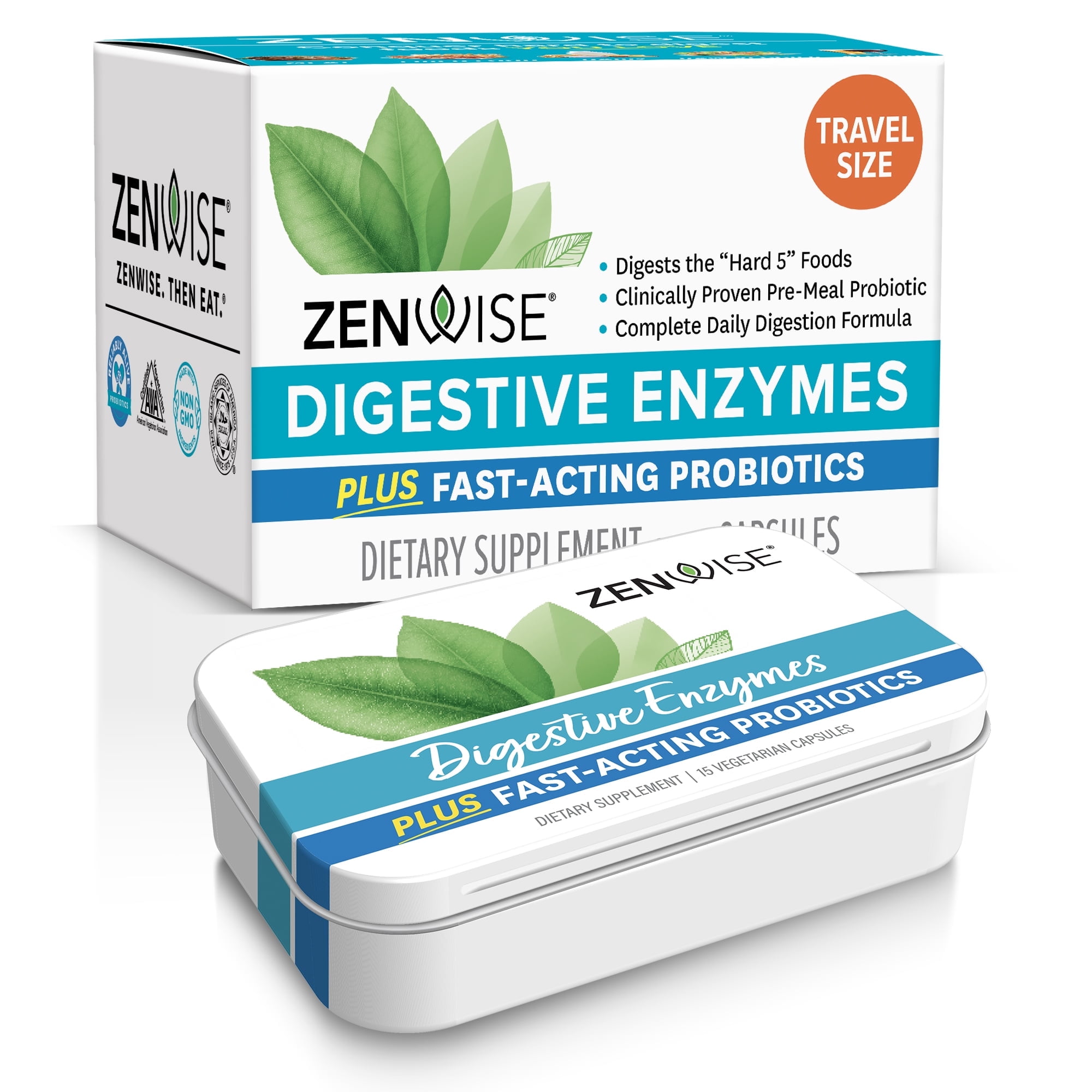 Zenwise Digestive Enzymes with Probiotics and Prebiotics Supplement, Supports Digestive Health, Travel Size Tin, 15 Count