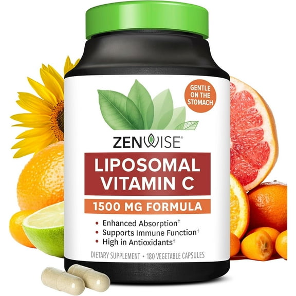 Zenwise Health Vitamin C Liposomal Ascorbic Acid - 1500 mg of Organic Highly Bio Available Vitamin C for Immune Health, Natural Energy Boost, and Skin Care Support - 3 Month Supply - 180 Capsules
