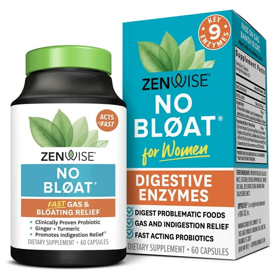 Zenwise No Bloat Probiotics Digestive Enzymes Herbal Supplement - Gas & Bloat Relief - 60 Count