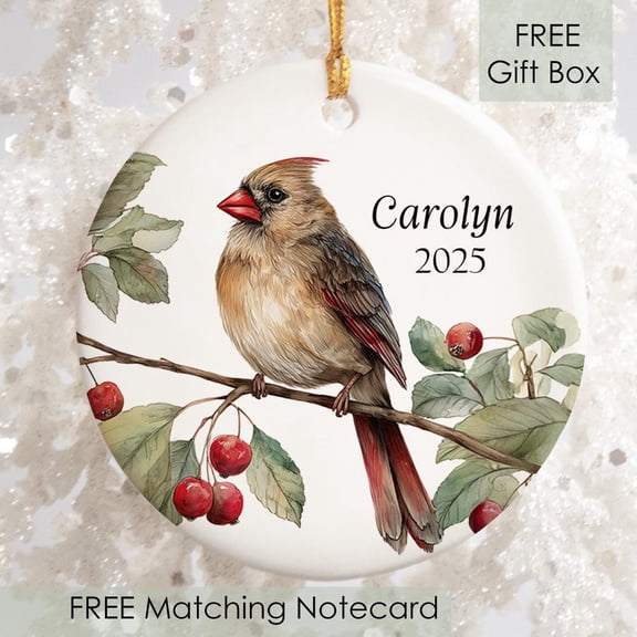 Zeny Decor Cardinal Chris.tmas Ornament - Female Cardinal and Red Berries - Bird Lover Gift 2D FLAT Ceramic Ornament, Anniversary Gift, Home Decoration, Holiday Decor