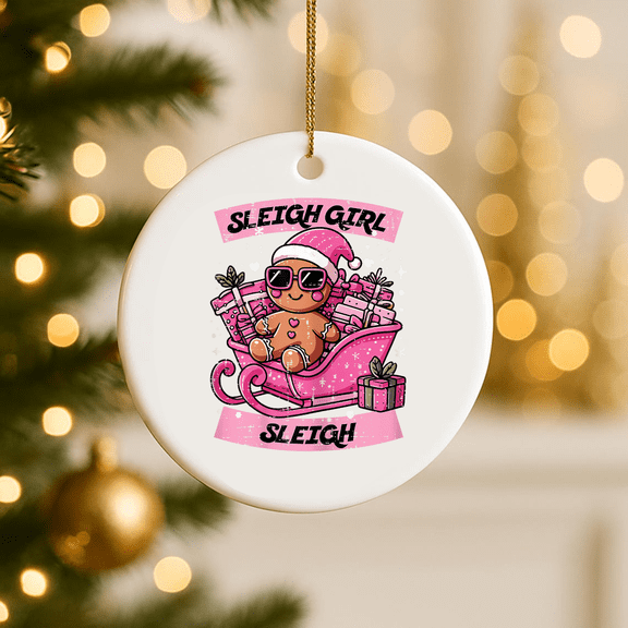 Zeny Decor Chris.Tmas Gingerbread Pink Sleigh Chris.Tmas Women Ornament 2D FLAT Ceramic Ornament, Anniversary Gift, Home Decoration