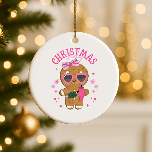 Zeny Decor Coquette Bow Pink Gingerbread Chris.Tmas Girly Chris.Tmas Ornament 2D FLAT Ceramic Ornament, Anniversary Gift, Home Decoration, Holiday Decor