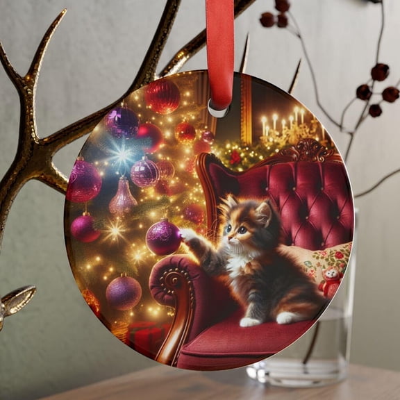 Zeny Decor Kitten Chris.Tmas Ornament Whimsical Cat Lover Decor 2D FLAT Ceramic Ornament, Anniversary Gift, Home Decoration