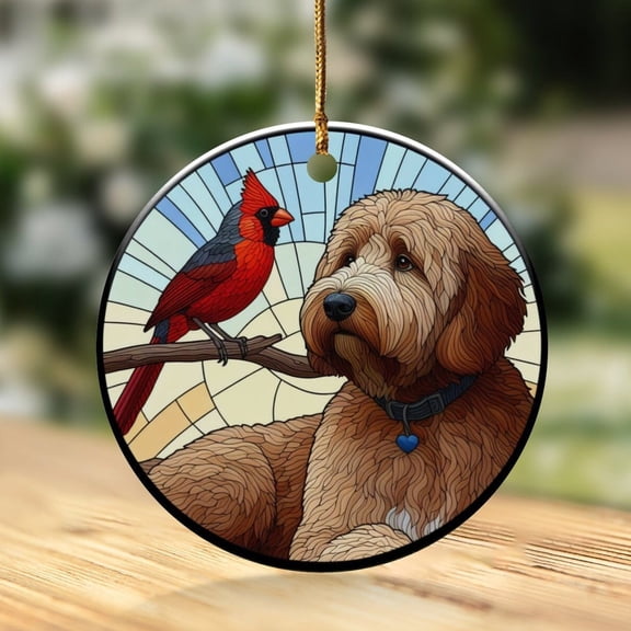 Zeny Decor Stained Glass Cardinal and Goldendoodle Ceramic Ornament 2D FLAT Ceramic Ornament, Anniversary Gift, Home Decoration, Holiday Decor