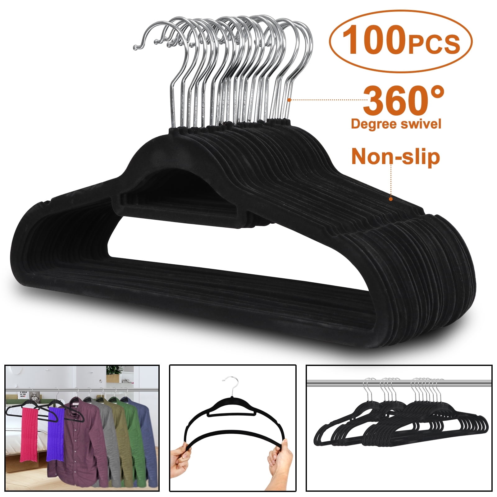 Zeny Velvet Flocked Hangers 100 Pack Non Slip Black Clothes Suit Hangers Hook Swivel 360 Ultra Thin(100pcs, Black, Velvet)
