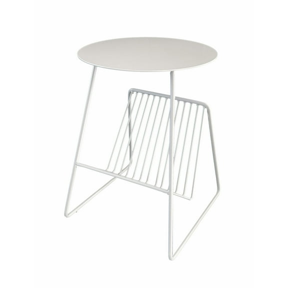 Zeo Side End Table w Magazine Rack, 14 Inch Round Top, White Metal