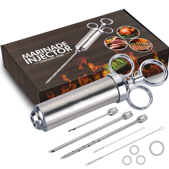 304 Stainless Steel Meat Injector Syringe-2 Oz Turkey Injector for Smoking with 3 Needles 2 Brushes-Spare O Rings-Food Injector for BBQ,Turkey & Brisket (Stainless Steel)