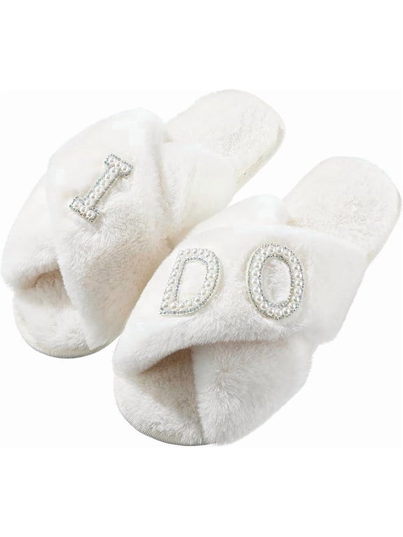 Bride Slippers I Do Slippers Women's Wedding Shoes for Bride Plush Furry Warm White Open Toe Cozy Fluffy Bridal Party Wedding Fuzzy Soft House for Bachelorette Party