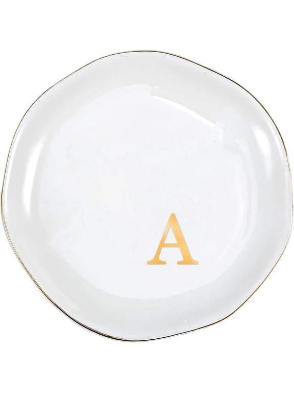 Ceramic Jewelry Tray, Initial Ring Dish Trinket Plate Engagement Gift, Small Personalized Monogram Ring Bowl for Wedding, White Decorative Jewelry Holder for Women Vanity -Letter A