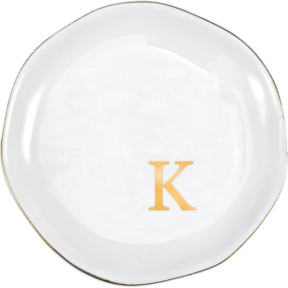 Ceramic Jewelry Tray, Initial Ring Dish Trinket Plate Engagement Gift, Small Personalized Monogram Ring Bowl for Wedding, White Decorative Jewelry Holder for Women Vanity -Letter K