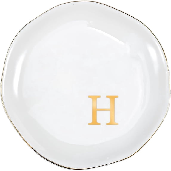 Ceramic Jewelry Tray, Initial Ring Dish Trinket Plate Engagement Gift, Small Personalized Monogram Ring Bowl for Wedding, White Decorative Jewelry Holder for Women Vanity -Letter H