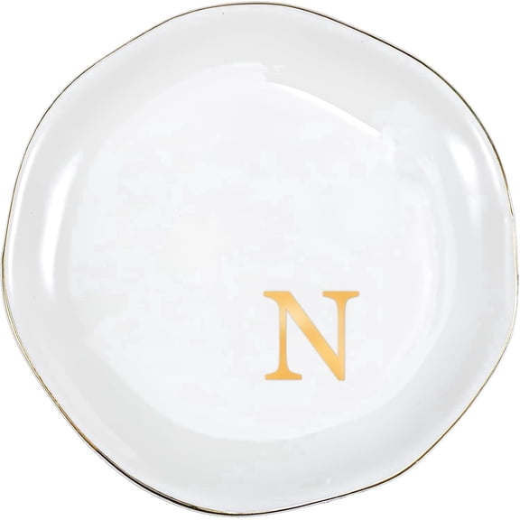 Ceramic Jewelry Tray, Initial Ring Dish Trinket Plate Engagement Gift, Small Personalized Monogram Ring Bowl for Wedding, White Decorative Jewelry Holder for Women Vanity -Letter N