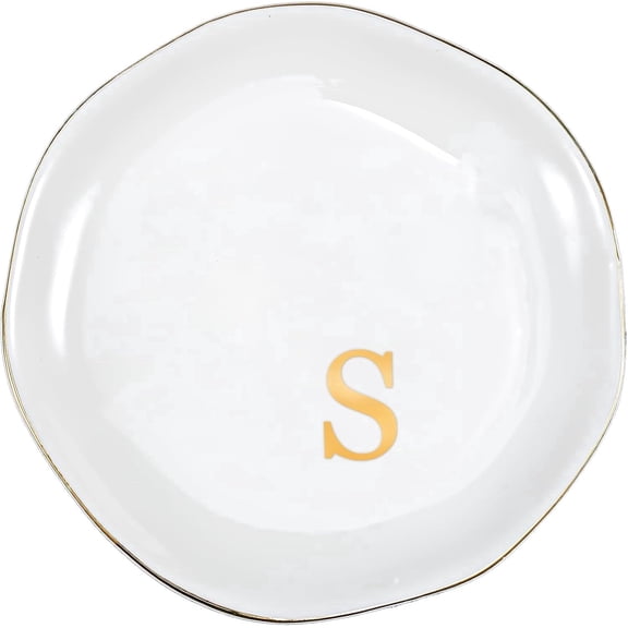 Ceramic Jewelry Tray, Initial Ring Dish Trinket Plate Engagement Gift, Small Personalized Monogram Ring Bowl for Wedding, White Decorative Jewelry Holder for Women Vanity -Letter S