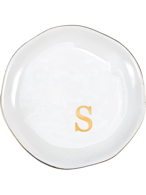 Ceramic Jewelry Tray, Initial Ring Dish Trinket Plate Engagement Gift, Small Personalized Monogram Ring Bowl for Wedding, White Decorative Jewelry Holder for Women Vanity -Letter S