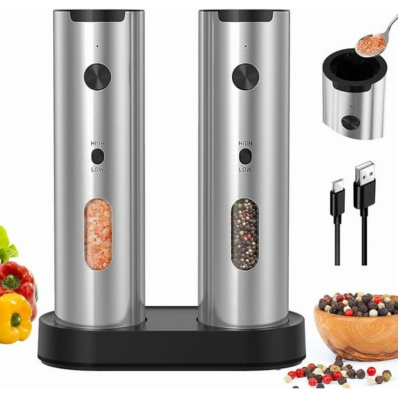 Zeokiar Electric Rechargeable Salt and Pepper Grinder Set Top-Refill Automatic Pepper Mill Grinder with Charging Base, Adjustable Coarseness, Easy Filling Larger Capacity with Led for Home Kitchen