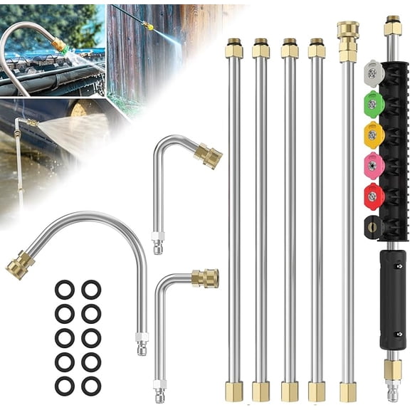 Zeokiar Pressure Washer Extension Wand with 6 Spray Nozzle Tips for Gutter Cleaning up to 9FT, Upgrade Power Washer Lance with 30 ° , 90 ° , U-shaped Curved Rod, 1/4" Quick Connect, 4000 PSI