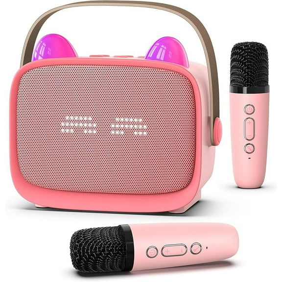Zeokiar Upgraded Mini Karaoke Machine Toy for Kids, Portable Bluetooth Speaker with 2 Wireless Mics, Emoji & Colorful LED Lights, Home Travel & Party Play Gifts for Boys Girls (Pink)
