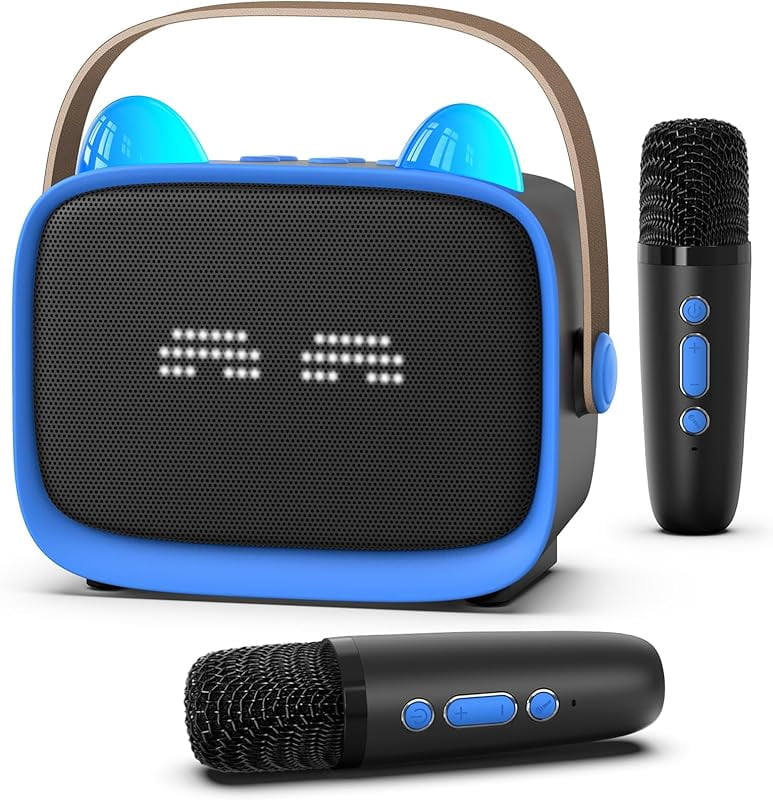 Zeokiar Upgraded Mini Karaoke Machine Toy for Kids, Portable Bluetooth Speaker with 2 Wireless Mics, Emoji & Colorful LED Lights, Home Travel & Party Play Gifts for Boys Girls (Pink)