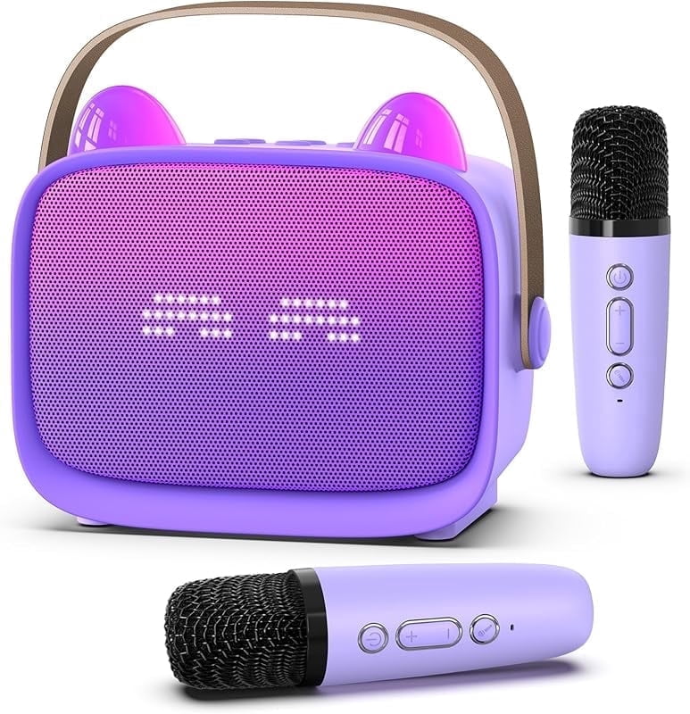 Zeokiar Upgraded Mini Karaoke Machine Toy for Kids, Portable Bluetooth Speaker with 2 Wireless Mics, Emoji & Colorful LED Lights, Home Travel & Party Play Gifts for Boys Girls (Purple)